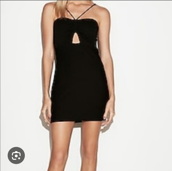 Express Black Ribbed Cut Out Bow Halter Mini Dress XS Little Black Dress - Picture 1 of 9